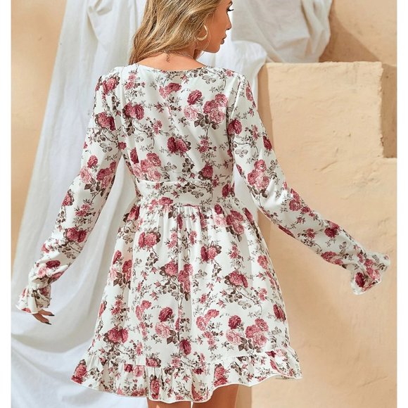 NEW! Floral Print A-Line Long Sleeve Dress - Picture 2 of 3